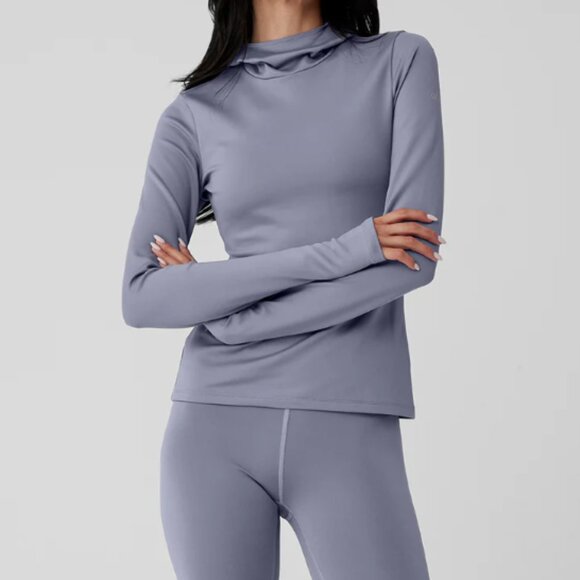 Alo Airlift Winter Warm Hooded Runner in Fog - Picture 1 of 11